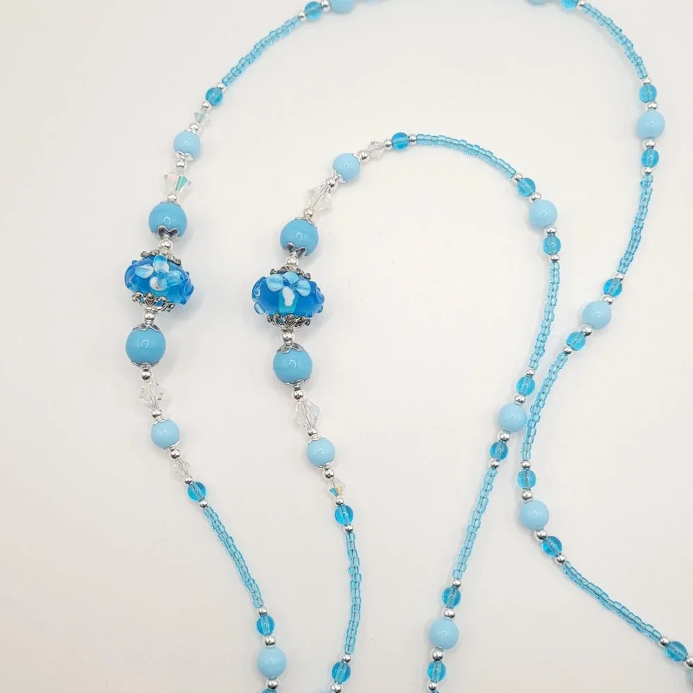 Turquoise Blue Flowers, Beaded Lanyard for Women, Badge, ID Holder, Keychain - Picture 4 of 5